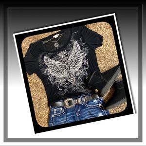 EUC Black Cross With Wings Super Soft Burnout T🖤